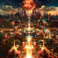 A circular arena surrounded by spotlights, bright colors, and detailed illustrations, offering a distant view of the city landscape with a reddish brown color scheme, bird's-eye view, 2D gaming style, ultra high definition, 32k resolution
