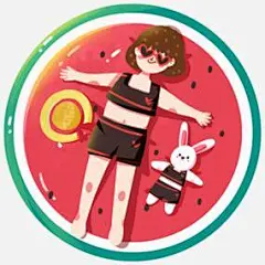 手绘躺在在西瓜游泳垫上的女孩与兔子元素
