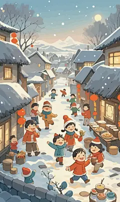春节雪景街景庆春插画图形