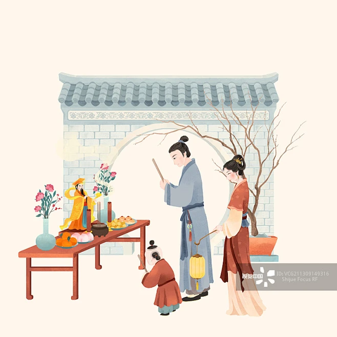 中国古代传统年俗大年初九祭拜天公插画图片素材-花瓣网