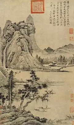 元代山水画名家——曹知白画松。《溪山泛艇图》,上海博物馆藏. 