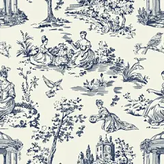 版画图案 | 点击来源直接获取大图文件 |带有乡村生活手绘插图的维多利亚抽象无缝图案，Toile de jouy 风格中的村民夫妇。复古优雅的蓝色中国风印花。卧室复古壁纸
