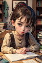 1 girl, (fine fingers), solo, book, interior, brown eyes, looking at books, bookshelf, ponytail, sitting, chair, holding, crushed doll shirt, bangs, dark hair, pencil, closed mouth, paper, brown hair, pen, upper body, desk, picture frame, book stack, open