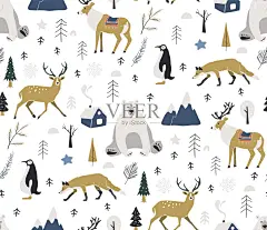 手绘斯堪的纳维亚森林中的动物，无缝图案。北欧风格的传统。矢量插图。圣诞动物在冬天的森林里。图片-商业图片-正版原创图片下载购买-Veer图库