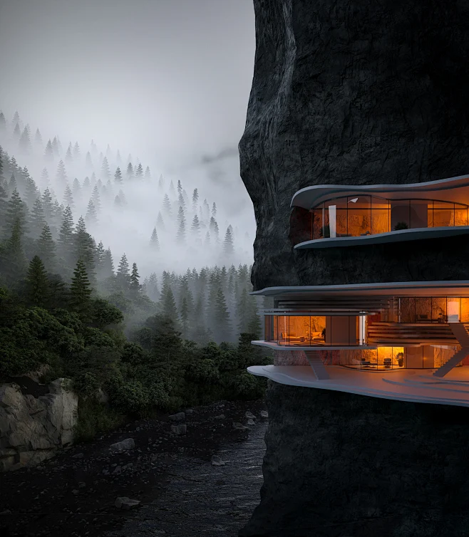 A concept of a resort which is carved into a rocky mountain.-花瓣网