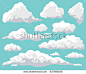 Cartoon clouds set on blue sky background. Collection of funny smoke and fog icons, for filling your sky scenes or ui games backgrounds. Vector art illustration.