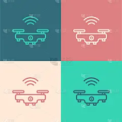 流行艺术线智能无人机系统图标孤立的颜色背景。带有视频和照片相机符号的四轴飞行器。向量