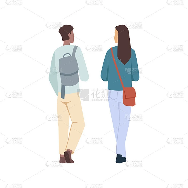 学生男女背双肩包背对孤立的扁平卡通人物。向量大学或高中学生拿着背包或麻袋，在随意的衣服聊天或一起聊天素材-花瓣网