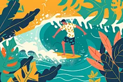 扁平风冲浪体育夏天插画