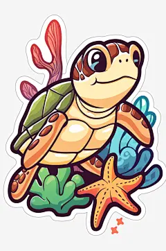 AI数字艺术卡通海洋动物海龟涂鸦插画贴纸-众图网