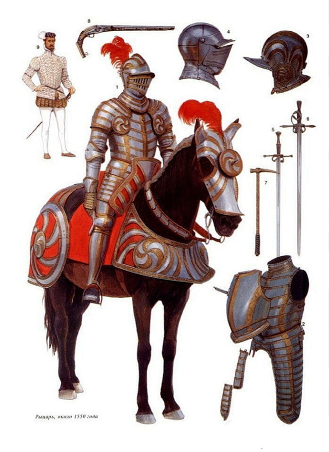 【欧洲中世纪铠甲骑士装备分解示意图】兵器...