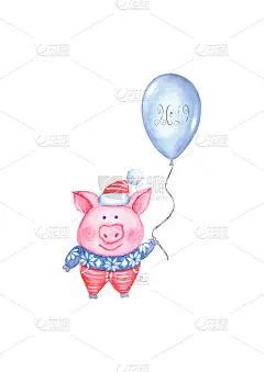 2019年新年和圣诞快乐的插画与水彩猪