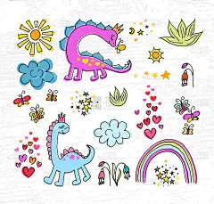 手绘粉色恐龙矢量插图集。儿童t恤印花概念。粉色恐龙标志，徽章，图标。恐龙标志，旗帜，传单。每股收益1