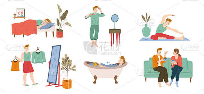 Everyday life routine of young man, flat character