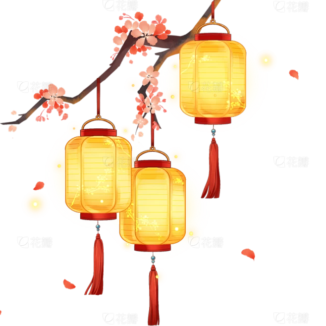 元宵节国风手绘灯笼梅花树枝组合元素素材-花瓣网