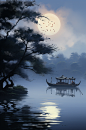 AI数字中秋节月亮水面思乡氛围摄影图-众图网
