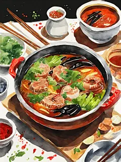 AI数字艺术美食麻辣烫火锅水彩插画插图