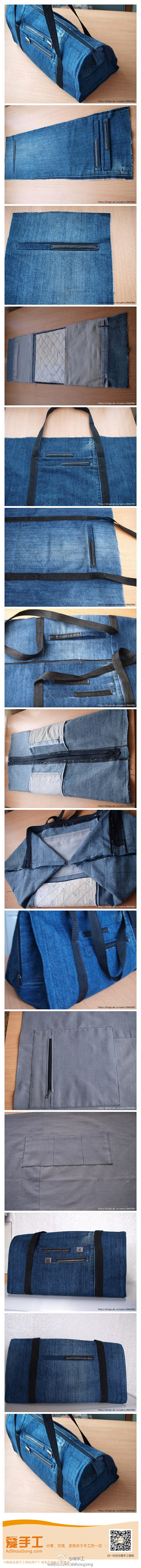 #旧物改造# 牛仔裤巧变旅行袋子。 
