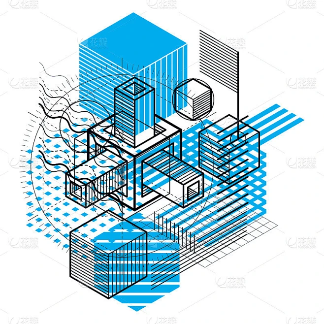 三维抽象矢量等距背景。立方体，六边形，正方形，矩形和不同的抽象元素的布局。素材-花瓣网
