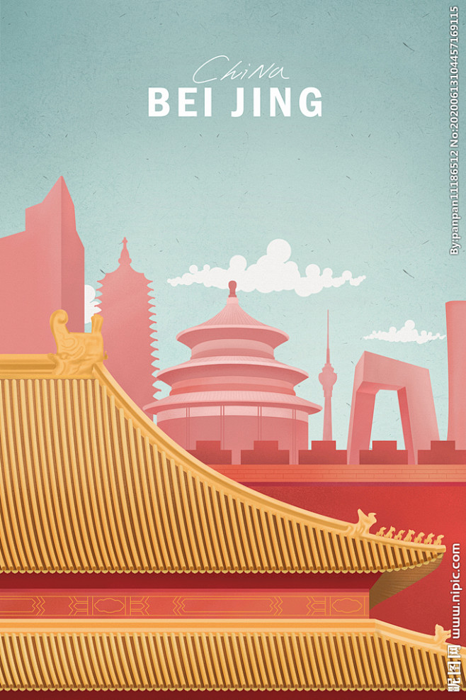 城市装饰画北京地标建筑海报插画图片,城市...