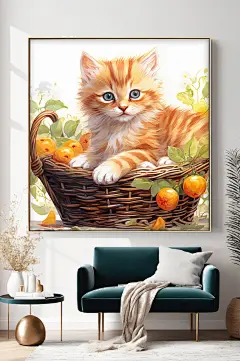果篮里的猫插画可爱猫咪小猫宠物装饰画