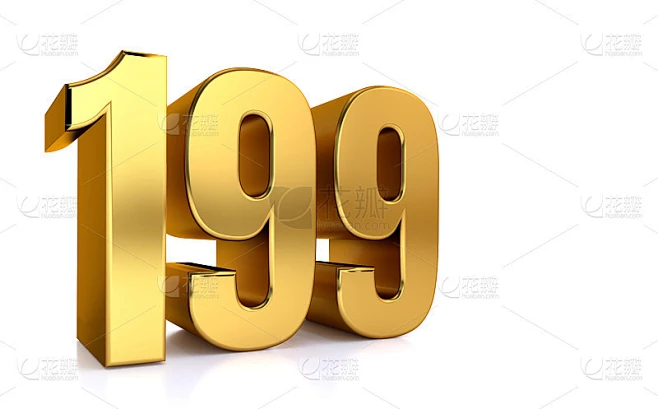199, 3d插图黄金数字199在白色背景和右边的文本复制空间素材-花瓣网
