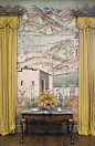 Chinese wallpaper depiciting landscape with large buildings in the foreground, in the Chinese Parlor, Winterthur, via Jane Love.