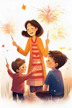 新春素材新年春节龙年福娃放鞭炮人物插画