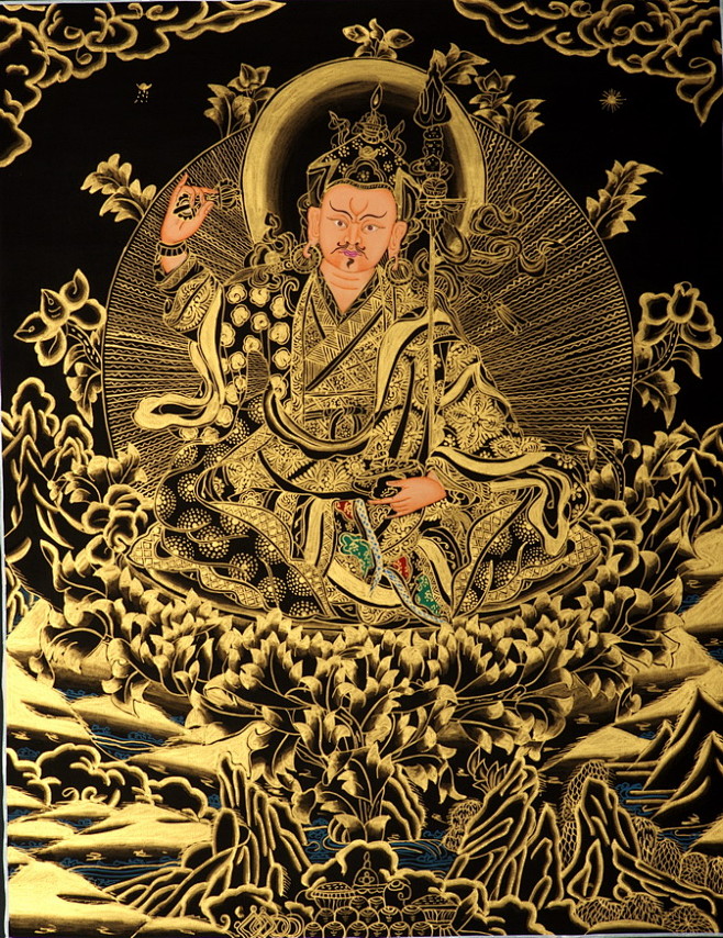 尼泊尔喇嘛纯手绘唐卡黑金莲花生大师