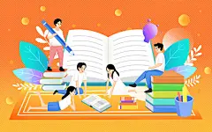 彩色卡通手绘扁平风男生女生学习看书原创插画海报