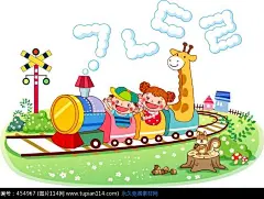 卡通画—小火车上的男孩女孩和长颈鹿