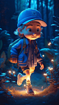 A very cute girl, wearing a blue flight jacket, a bucket hat, all over, running through the forest at night with a flashlight in her hand, mysterious adventures, flowers, plants, fireflies, intricate details, popmart blind boxes, clay materials, Pixar tre