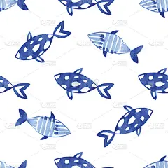 水彩靛蓝海洋鱼类图案。