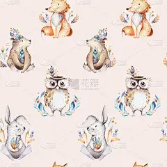 婴儿动物托儿所与兔宝宝无缝隔离模式。水彩波西米亚可爱的小狐狸，鹿动物，林地兔子和熊孤立的儿童插图。兔