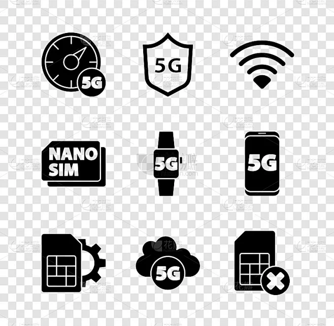 设置5G数字测速仪、防护屏、Wi-Fi无线网络、Sim卡设置、云端、拒绝、Nano卡、智能手表图标。素材-花瓣网