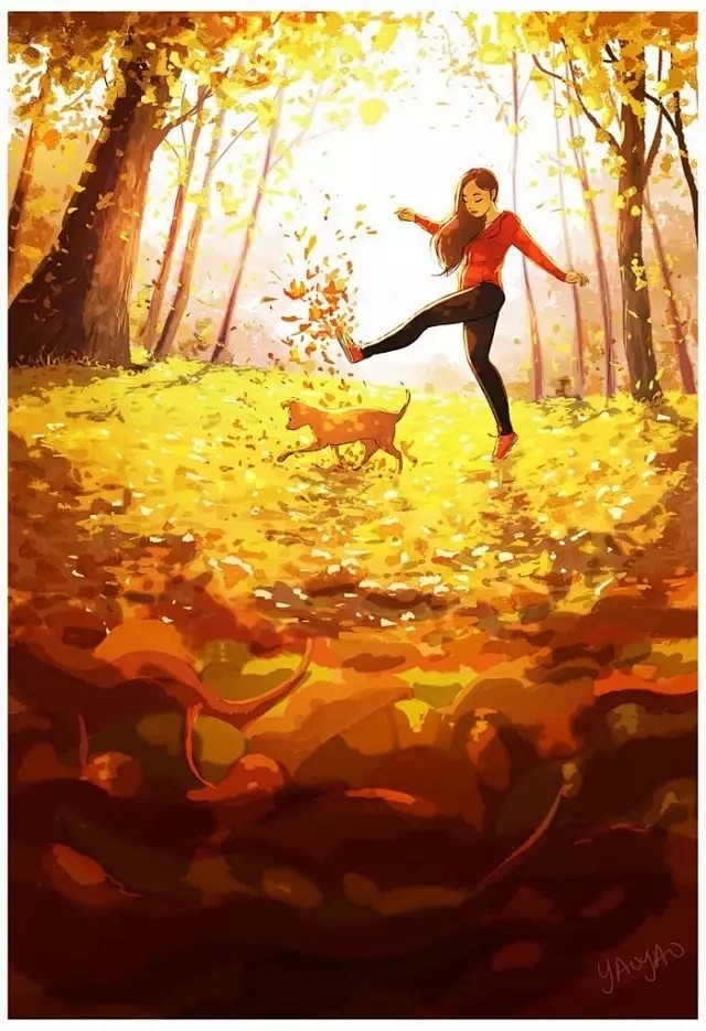 美国洛杉矶插画师yaoyaomavan笔下的单身女孩秋天和狗狗去散步就连