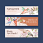 Free vector banner template with spring and bird concept design for advertise and marketing watercolor illustration