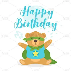 生日快乐与泰迪熊贺卡平面矢量模板