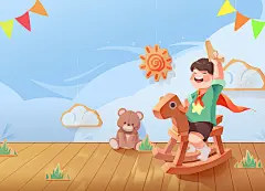 舞台上骑着木马的男孩欢度节日手绘可爱插画下载