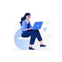 flat 2D character very minimal features no face professional tech style, no background white background whitespace, young woman creating an account on her laptop blue colour scheme