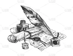 用羽毛笔和墨水瓶绘制古代手稿卷轴的矢量图解.贴有邮票的蜡封条,烛光.古老的,古老的,古老的历史依然存