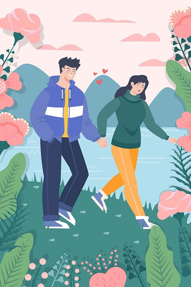 卡通情人节浪漫情侣花爱情踏春插画