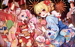 烟花 和服少女 小吃街 烧烤 4k动漫壁纸