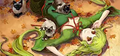秋天,女孩,猫,枫叶,可爱动漫壁纸