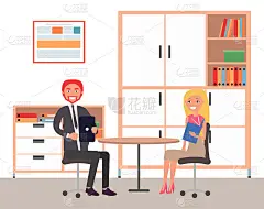 商务会议或工作流程。人们坐在办公室里交流，合作