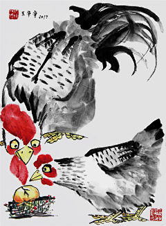 画儿晴天采集到鸡年插画-鸡年水墨画-鸡主题画