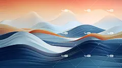 山地地形的抽象图像，风格为宁静的海洋主题、发光的3D物体、圆