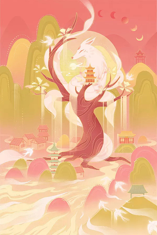 暖色国风国潮新年山水狐狸插画