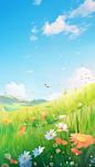 animated cloudy landscape wallpaper in blue, in the style of delicate flowers, orange and green, miki asai, xbox 360 graphics, realistic perspective, lively brushwork, pastoral charm