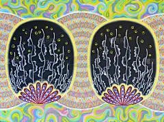 原画的油画，奇异的幻想，超现实主义和有机的领域或风景在画布上。当代的想象，唤起水下的生命形式，如贝壳
